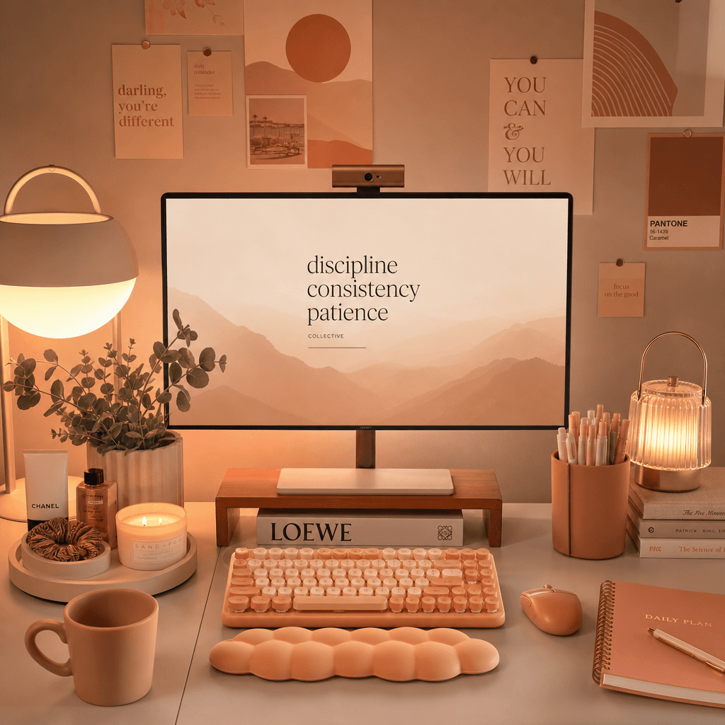 Curated peach desk setup